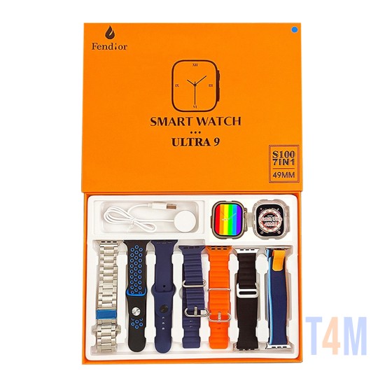 Smartwatch S100 Ultra 9 com 7 Alças e Capa Protetora 49mm (Versão para Chamada) NFC Azul